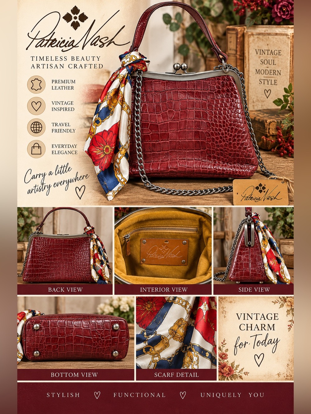 Patricia Nash Burgundy Croc-Embossed Leather Shoulder Bag with Scarf Accent